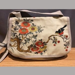 Canvas bag purse boho Embroidered Flowers & Bird